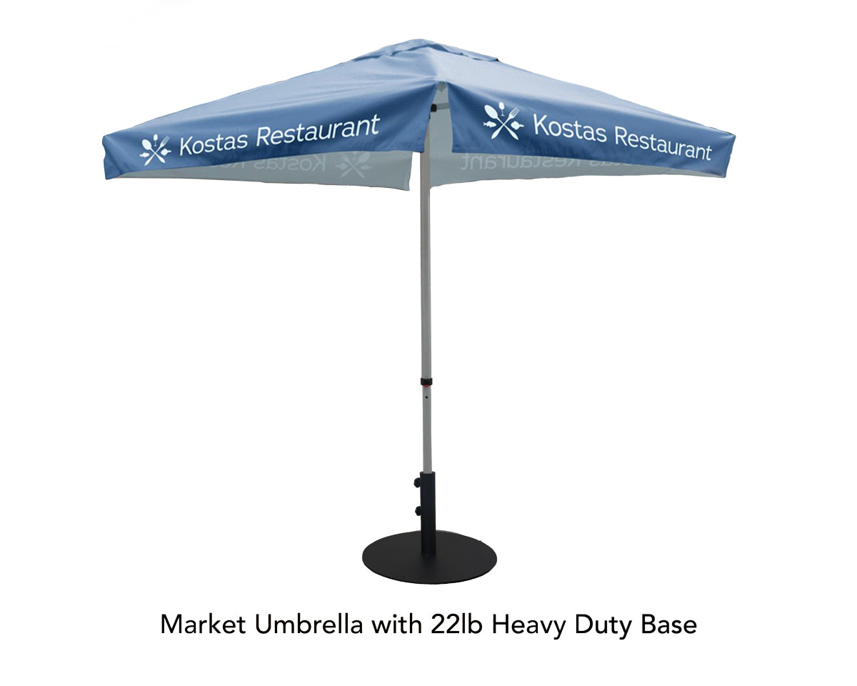 branded patio umbrella template Printed Market Umbrellas Umbrella Frame and Canopy / 22lb Heavy Duty Base & Waterbag